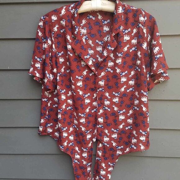 Monteau LA Sheer Burgundy Button Down with Navy White Dog Print size Large - Picture 7 of 11